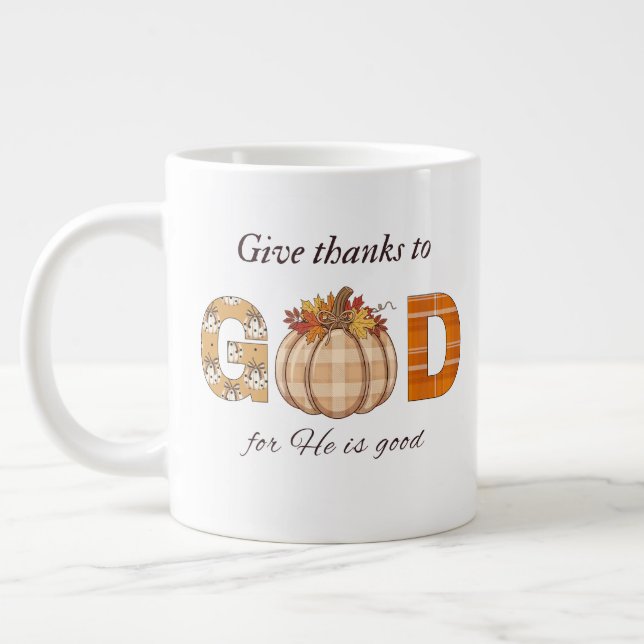 Give Thanks to God Fall Pumpkin Art Giant Coffee Mug (Left)