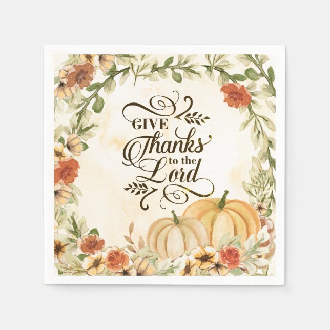 Give Thanks to the Lord Autumn Flowers Pumpkins  Napkins (Front)