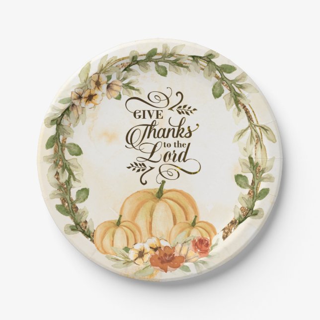 Give Thanks to the Lord Autumn Flowers Pumpkins  Paper Plates (Front)
