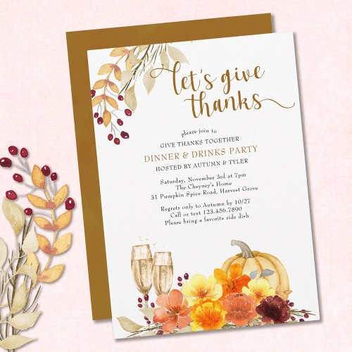 Give Thanks Together Autumn Flowers Dinner Party Invitation