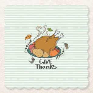 "Give Thanks" Turkey and Harvest Fruits Paper Coaster