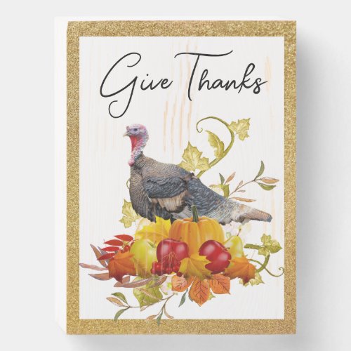 Give Thanks Turkey and Pumpkins Holiday Decor  Wooden Box Sign