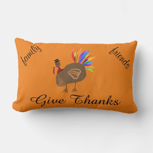 Give Thanks Turkey Fall Leaves Reversible Lumbar Pillow
