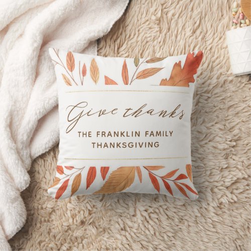 Give Thanks Watercolor Autumn Leaves Thanksgiving Throw Pillow