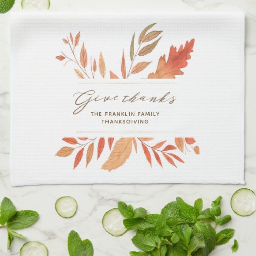 Give Thanks Watercolor Fall Foliage Thanksgiving Kitchen Towel