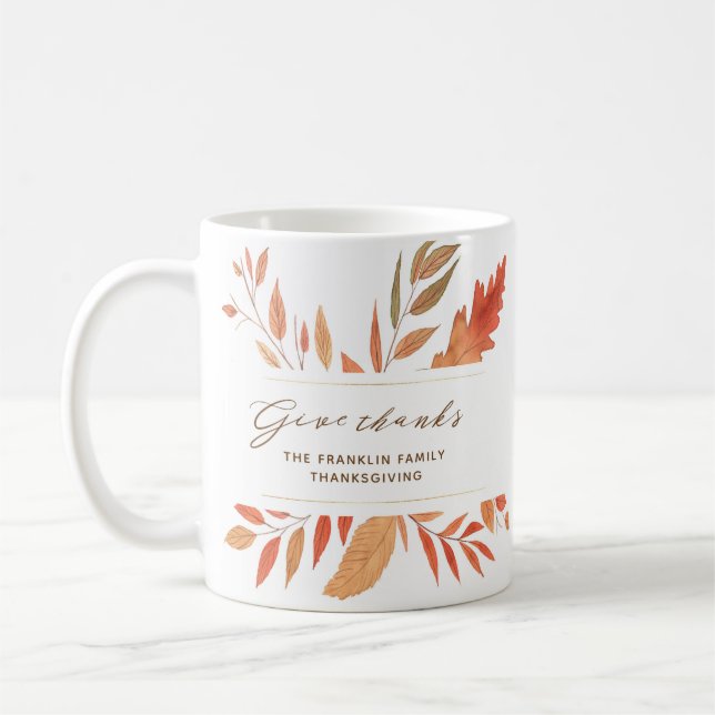 Give Thanks Watercolor Fall Leaves Thanksgiving Coffee Mug (Left)