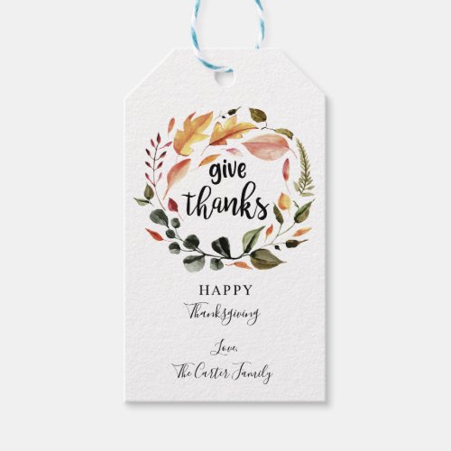 Give Thanks Watercolor Fall Leaves Thanksgiving Gift Tags