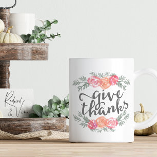 Give Thanks Watercolor Floral Thanksgiving Coffee Mug