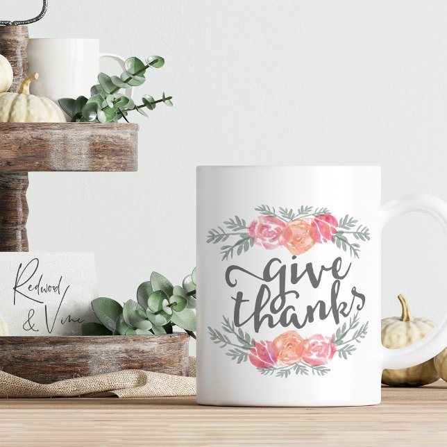 Give Thanks | Watercolor Floral Thanksgiving Coffee Mug (Creator Uploaded)