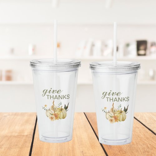 Give Thanks Watercolor Pumpkin Acrylic Tumbler