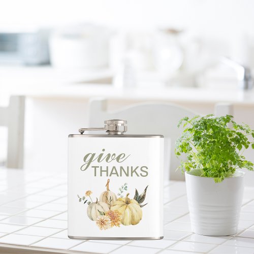 Give Thanks Watercolor Pumpkin Flask