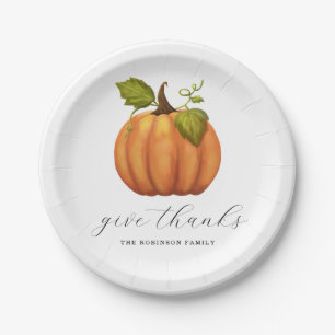 Give Thanks Watercolor Pumpkin Floral Thanksgiving Paper Plates