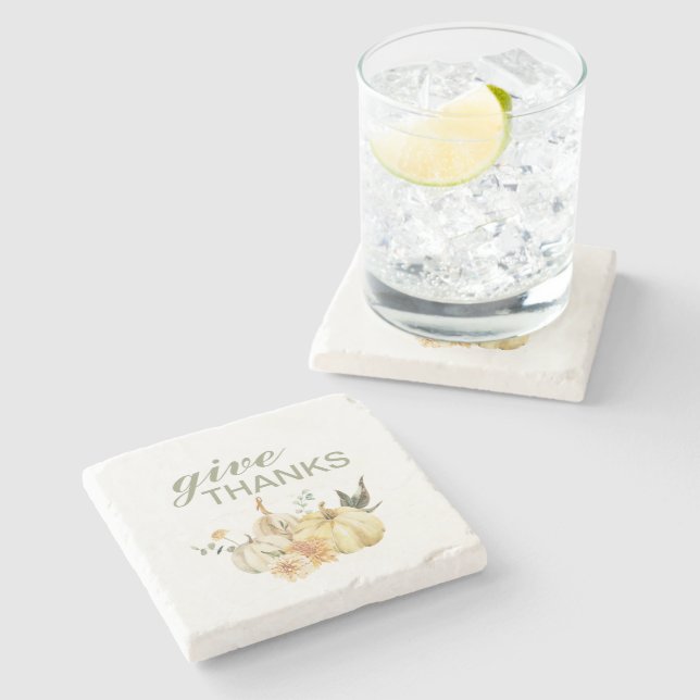 Give Thanks Watercolor Pumpkin Stone Coaster (Side)
