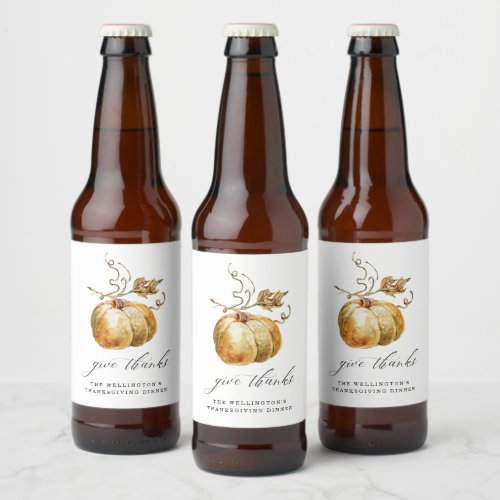 Give Thanks Watercolor Pumpkin Thanksgiving Beer Bottle Label