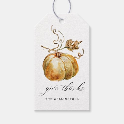Give Thanks Watercolor Pumpkin Thanksgiving  Gift Tags