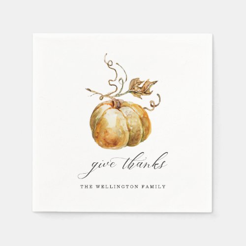 Give Thanks Watercolor Pumpkin Thanksgiving Napkins