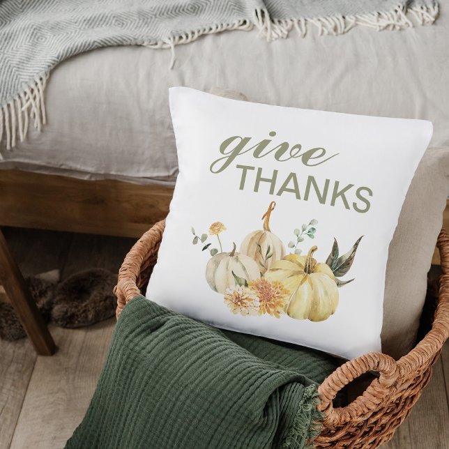 Give Thanks Watercolor Pumpkin Throw Pillow (Creator Uploaded)