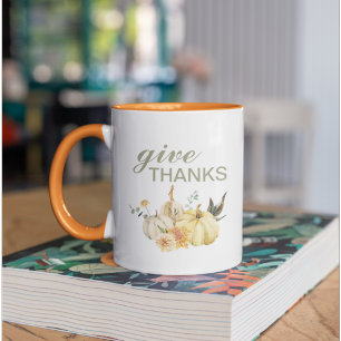 Give Thanks Watercolor Pumpkin Two-Tone Coffee Mug