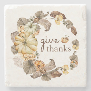 Give Thanks Watercolor Pumpkins Wreath Fall Stone Coaster