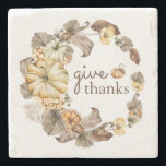 Give Thanks Watercolor Pumpkins Wreath Fall Stone  Stone Coaster<br><div class="desc">This elegant fall stone coaster features beautiful watercolor leaves,  pumpkins,  pears,  oranges,  and flowers arranged in a lovely wreath with the saying "Give Thanks". Makes a great hostess and housewarming gift this fall.</div>