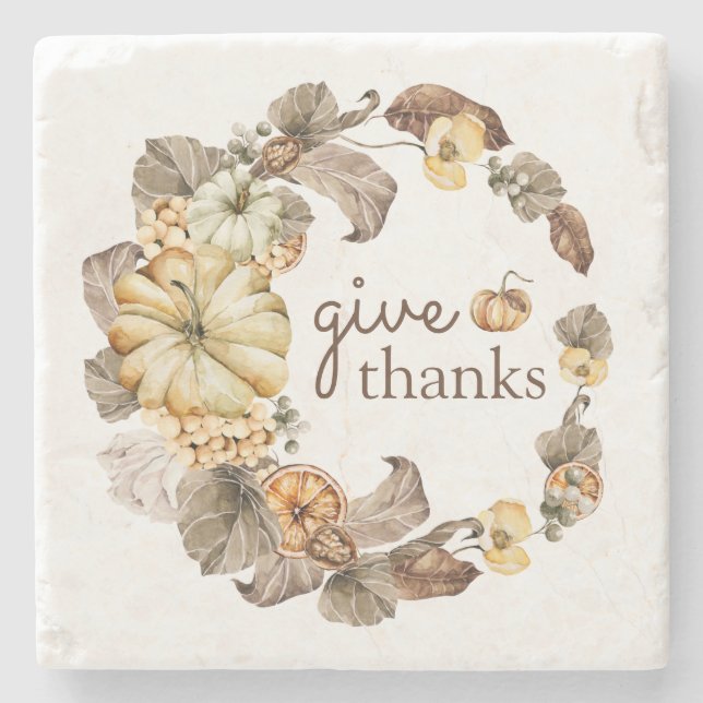 Give Thanks Watercolor Pumpkins Wreath Fall Stone  Stone Coaster (Front)