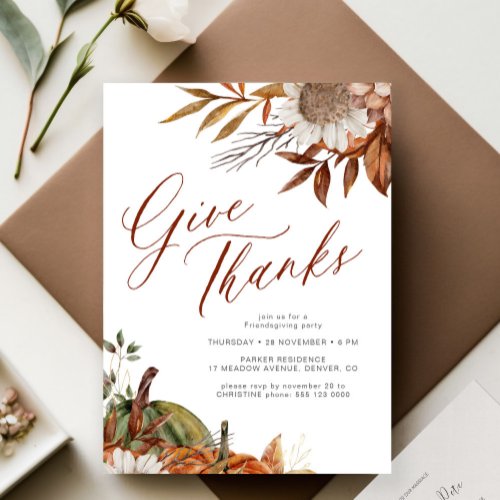 Give thanks watercolor Thanksgiving dinner Invitation