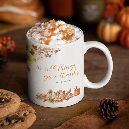Give Thanks  Watercolor Thanksgiving Monogram Coffee Mug