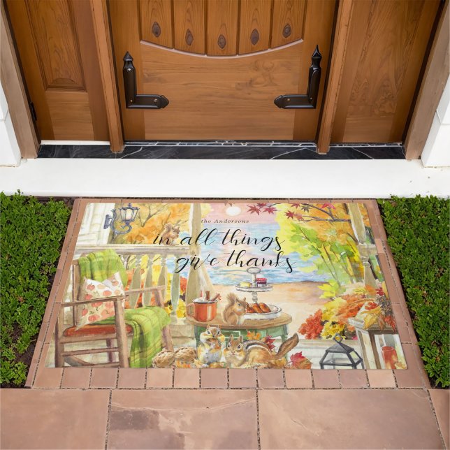 Give Thanks | Watercolor Thanksgiving Monogram Doormat (Outdoor)