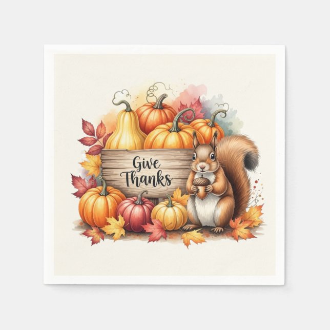 Give Thanks – Whimsical Squirrel & Pumpkin Harvest Napkins (Front)