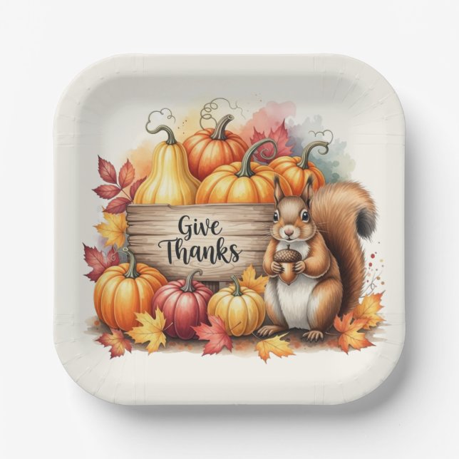 Give Thanks – Whimsical Squirrel & Pumpkin Harvest Paper Plates (Front)