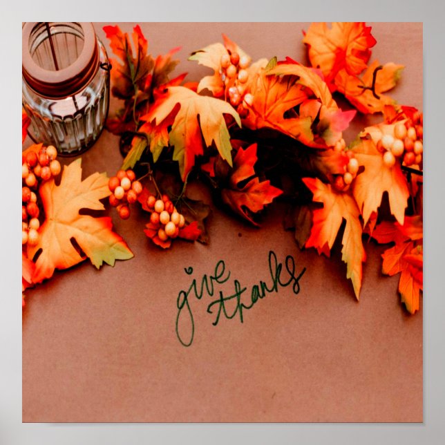 Give Thanks with Fall leaves Thanksgiving Poster (Front)