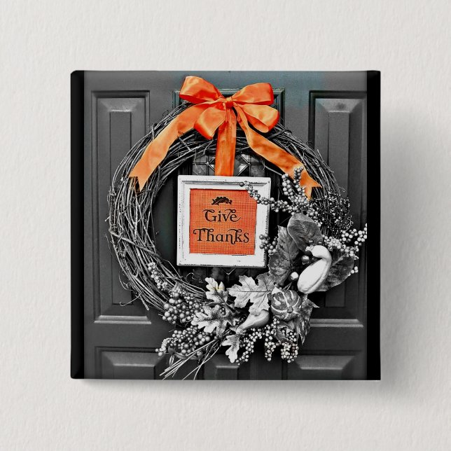 Give Thanks Wreath Pinback Button (Front)