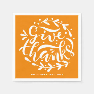 Give Thanks Wreath Thanksgiving Lettering Orange Napkins