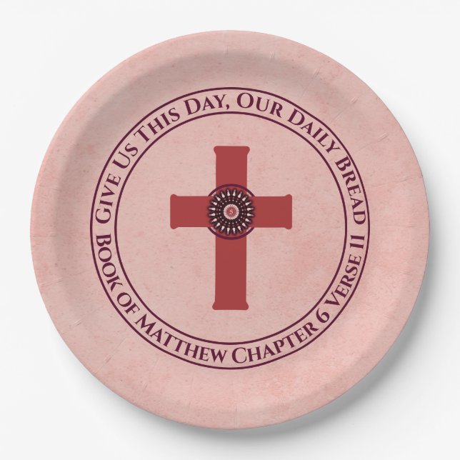 Give Us This Day Bible Verse Cross Terra Cotta Paper Plates (Front)