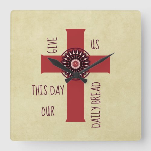 Give Us This Day Verse Decorative Cross Yellow Square Wall Clock