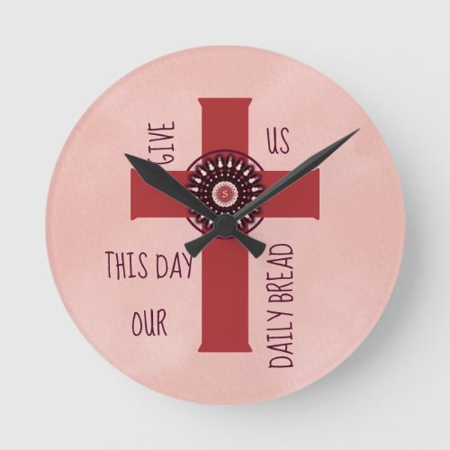 Give Us This Day Verse Ornate Cross Coral Pink Round Clock