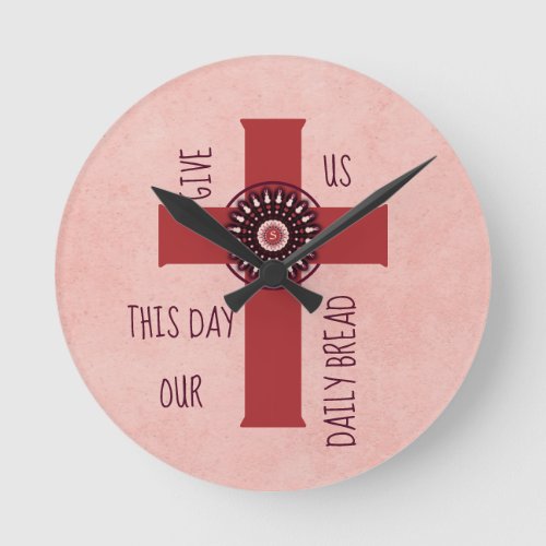 Give Us This Day Verse Ornate Cross Terra Cotta Round Clock