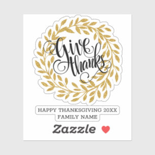 Giving thanks modern typography gold wreath sticker