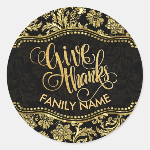 Giving thanks typography with gold damasks classic round sticker