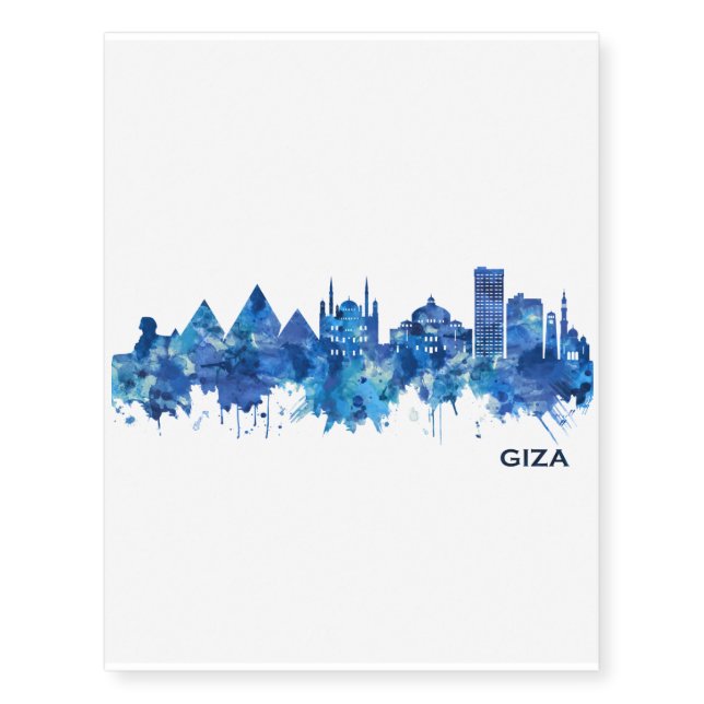 Giza Egypt Skyline Blue Temporary Tattoos (Front)