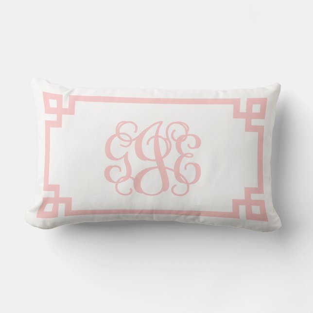 GJE Light Pink Greek Key Script Monogram Lumbar Pillow (Front)