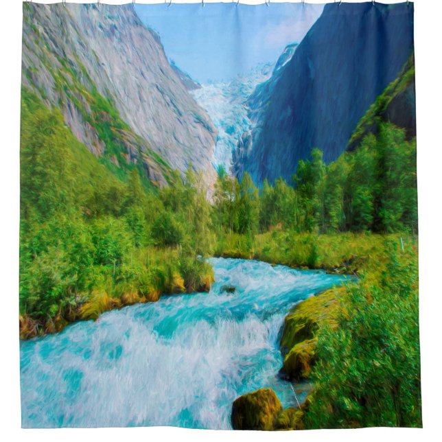 Glacier and river down the valley shower curtain (Front)
