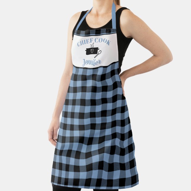 Glacier Blue and Black Cook Buffalo Plaid Pattern Apron (Insitu)