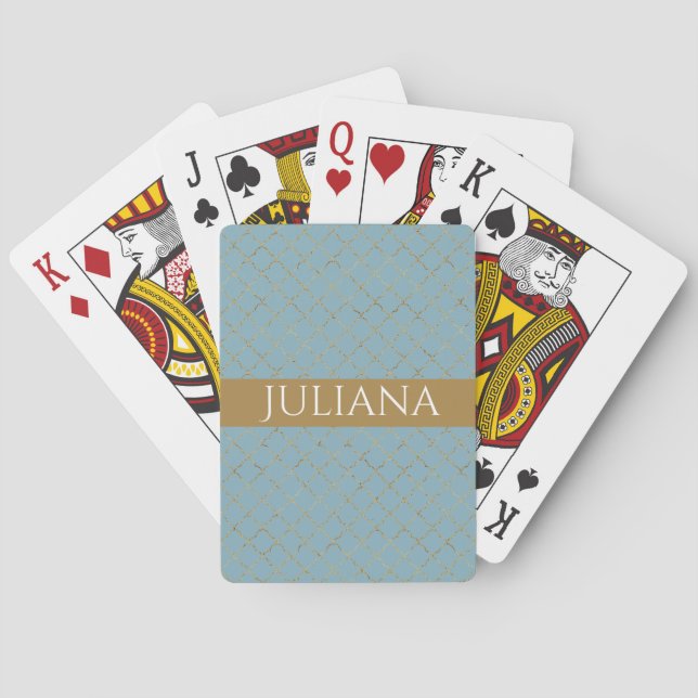 Glacier Blue Gold Quatrefoil Personalized  Poker Cards (Back)