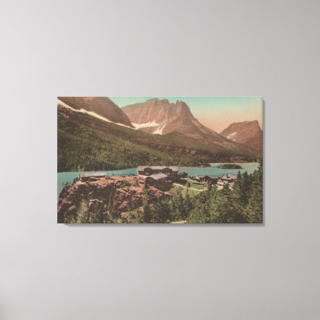 Glacier, MT - View of Chalets & Lake St. Marys Canvas Print (Front)