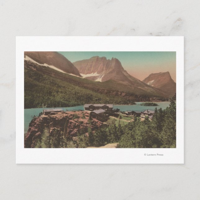 Glacier, MT - View of Chalets & Lake St. Marys Postcard (Front)