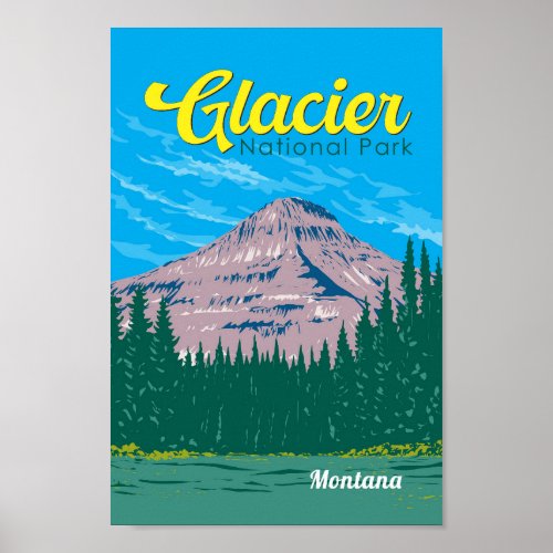 Glacier National Park Illustration Travel Vintage Poster