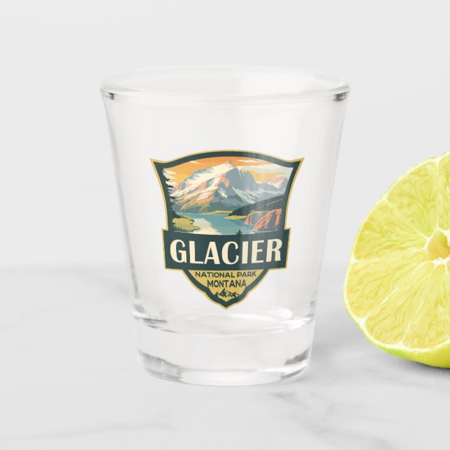 Glacier National Park Illustration Travel Vintage Shot Glass (Front)