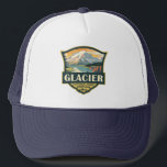 Glacier National Park Illustration Travel Vintage Trucker Hat<br><div class="desc">Glacier vector artwork design. The park is a wilderness area in Montana's Rocky Mountains,  with glacier-carved peaks and valleys running to the Canadian border.</div>