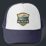 Glacier National Park Illustration Travel Vintage Trucker Hat<br><div class="desc">Glacier vector artwork design. The park is a wilderness area in Montana's Rocky Mountains,  with glacier-carved peaks and valleys running to the Canadian border.</div>